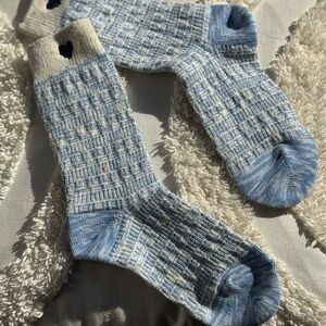 BOOT SOCK Blue and Cream Knit with confetti colors threads heart Marine Layer